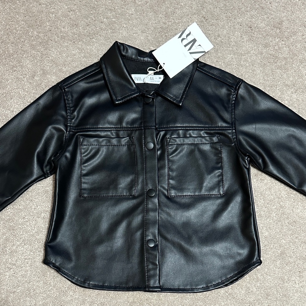 Zara Girls Black Faux Leather Button-Front Shirt Jacket